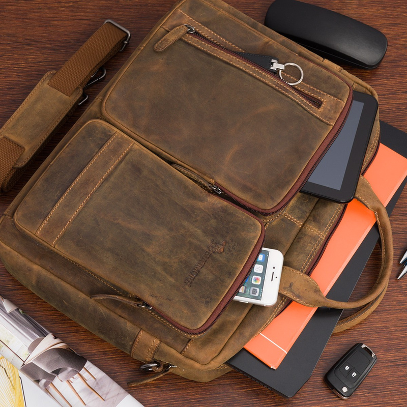 Torba męska skórzana na ramię laptopa duża brązowa nubuk biznesowa Beltimore N07