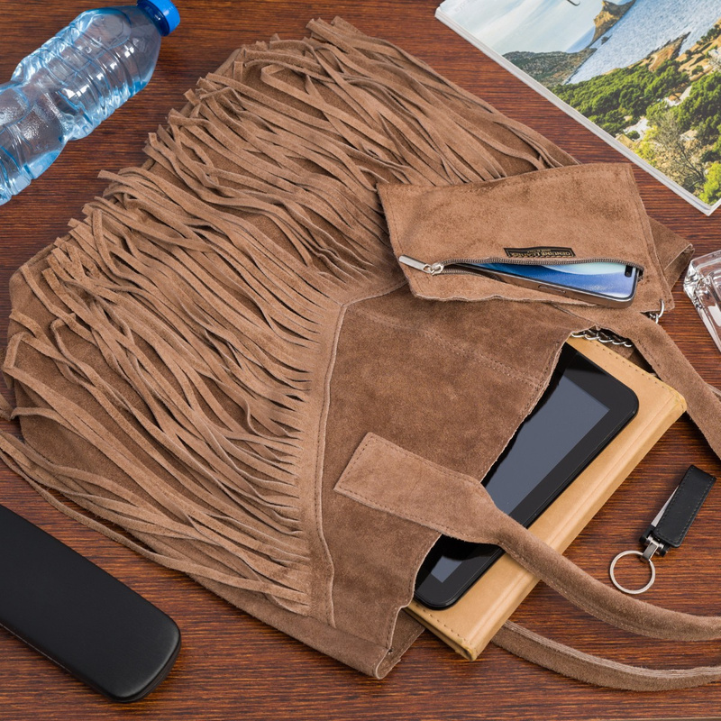 Torebka damska skórzana zamszowa A4 frędzel duża taupe L83