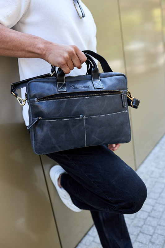 Torba męska skórzana na laptopa ramię komputer duża nubuk czarna Beltimore N04