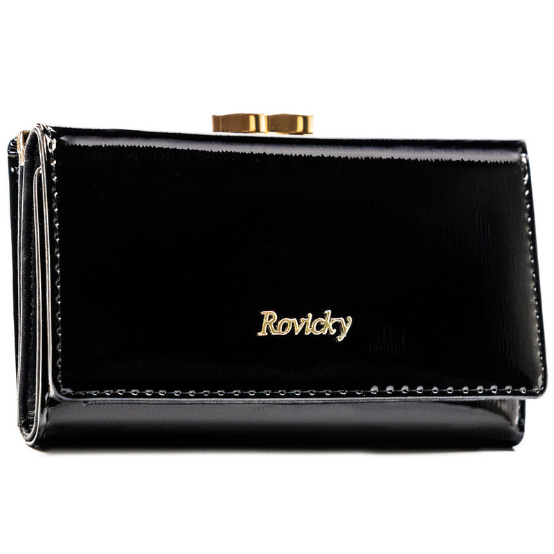 Czarny portfel damski z lakierowanej skóry naturalnej zamykany na zatrzask i bigiel - Rovicky