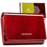 Duży portfel damski ze skóry naturalnej w czerwonym kolorze, zamykany zatrzaskiem - Peterson