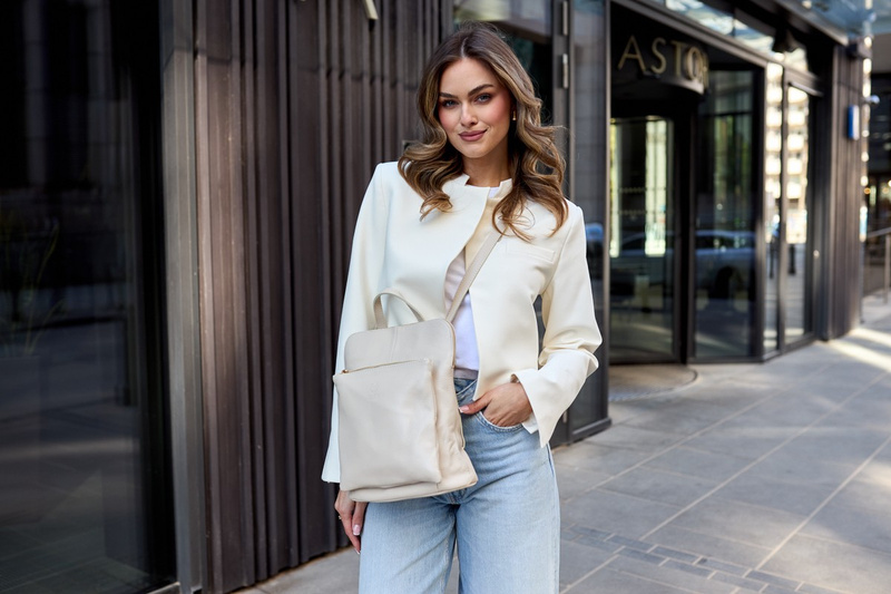 Skórzany plecak damski torba 2w1 elegancki A4 włoski pojemny ecru Vera Pelle S40