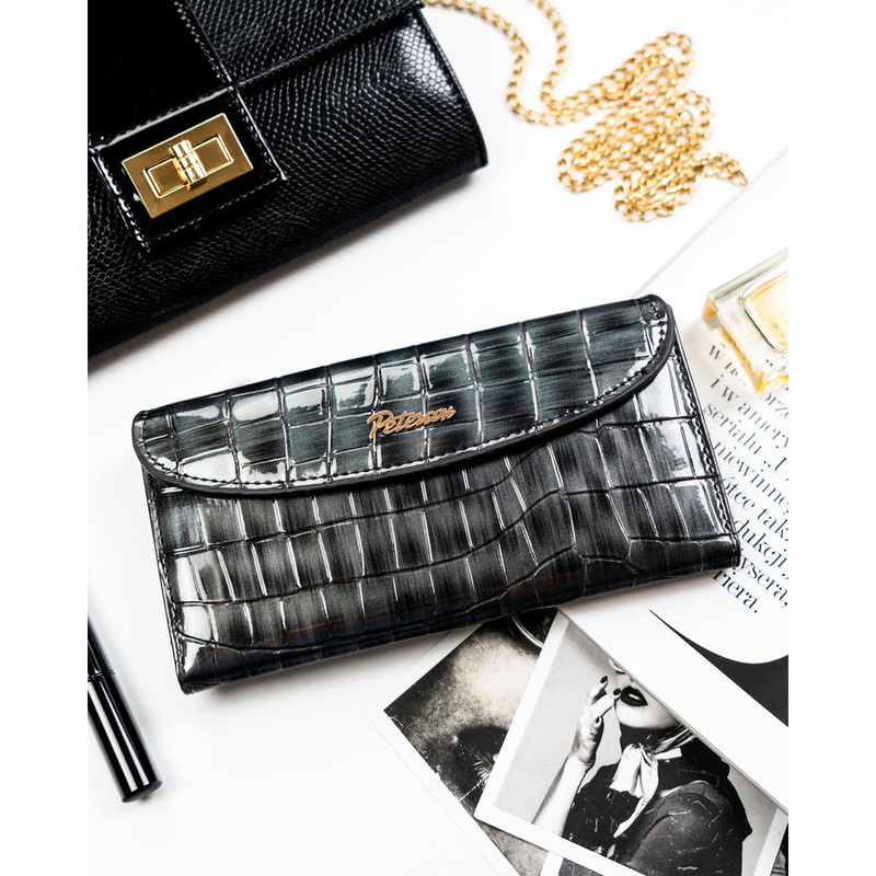Szary portfel damski ze skóry ekologicznej z tłoczeniem na wzór skóry krokodyla, zamykany na zatrzask magnetyczny - Peterson