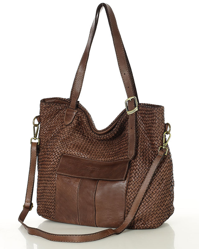 Duża torebka pleciona na ramię shopperka skórzana - MARCO MAZZINI brąz