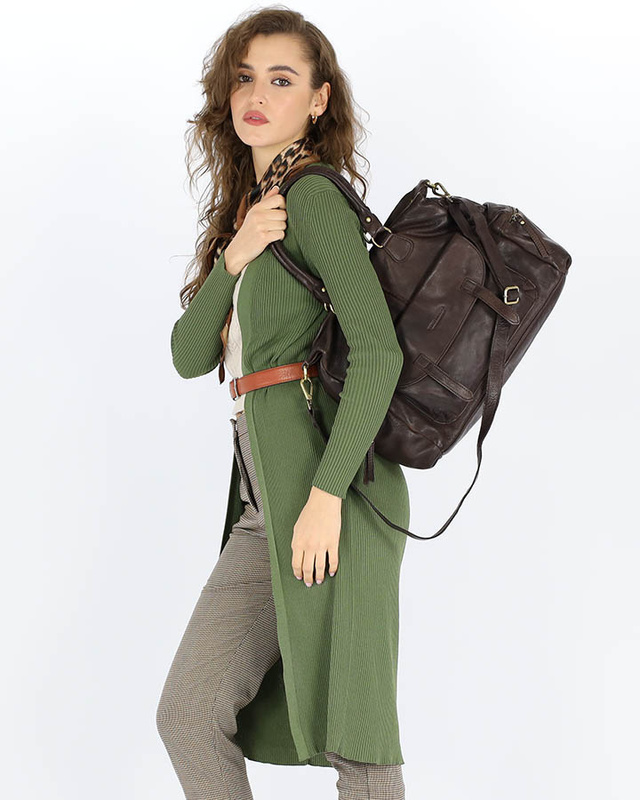 Pojemna torba damska na ramię z kieszeniami skóra naturalna - MARCO MAZZINI ciemny brąz caffe