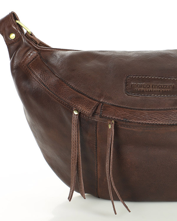 Duża nerka skórzana torebka przez ramię półksiężyc - MARCO MAZZINI ciemny brąz