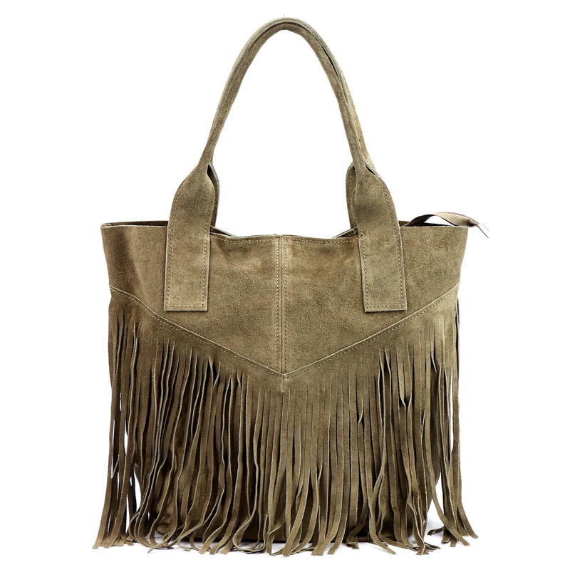 Luka damska shopperbag skórzana zamszowa torebka na ramię z frędzlami