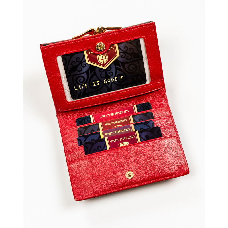 Czerwony portfel damski ze skóry ekologicznej i naturalnej w cętki, zamykany biglem i zatrzaskiem - Peterson