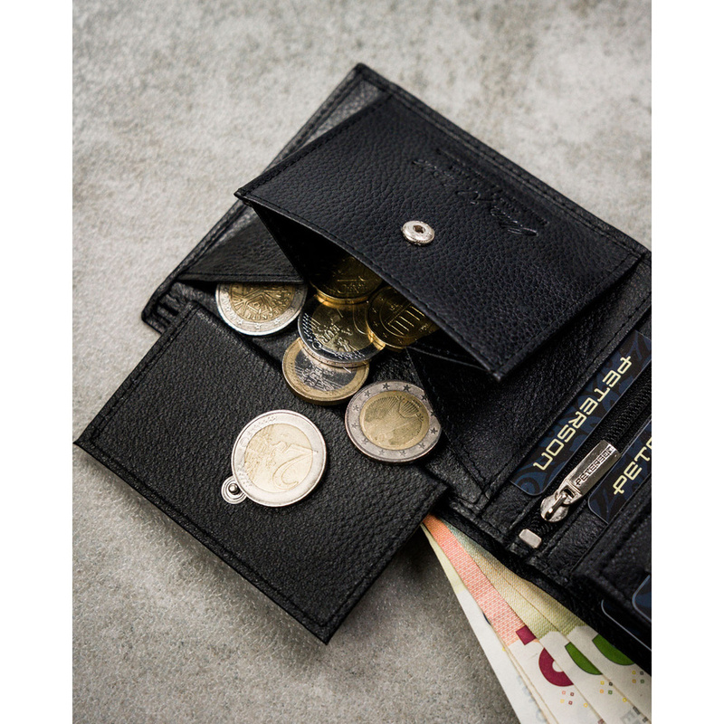 Zestaw prezentowy: skórzany, poziomy portfel męski w czarnym kolorze z systemem RFID i pasek ze skóry ekologicznej - Peterson