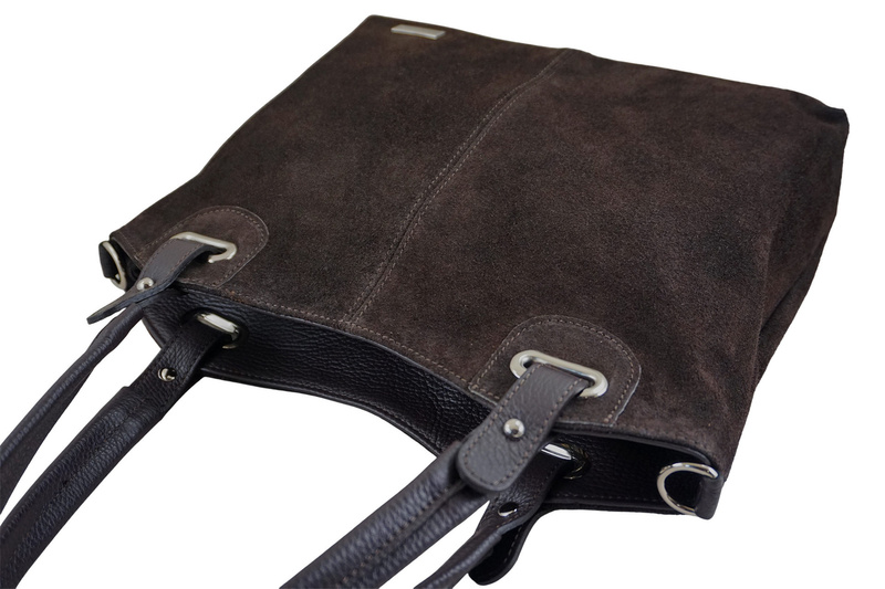 Duża elegancka torebka z naturalnej skóry i zamszu - Brązowa ciemna