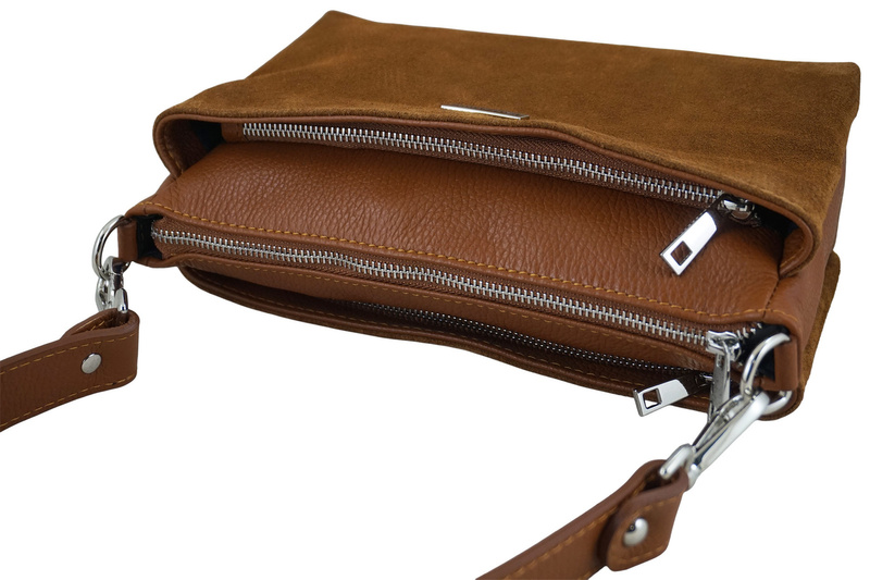 Pojemna torebka listonoszka ze skóry i zamszu - Brązowa jasna