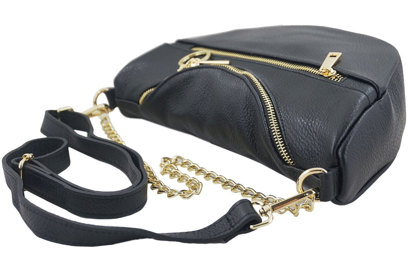 Pojemna torebka nerka z łańcuszkiem skórzana - Czarna