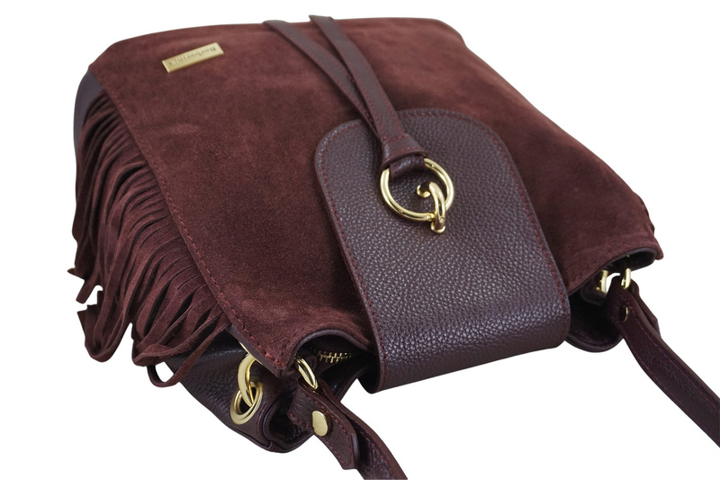 Skórzana torebka boho z frędzlami - Bordowa