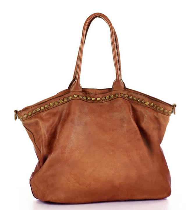 Duża torebka skórzana oversize style shopper bag - MARCO MAZZINI brąz camel