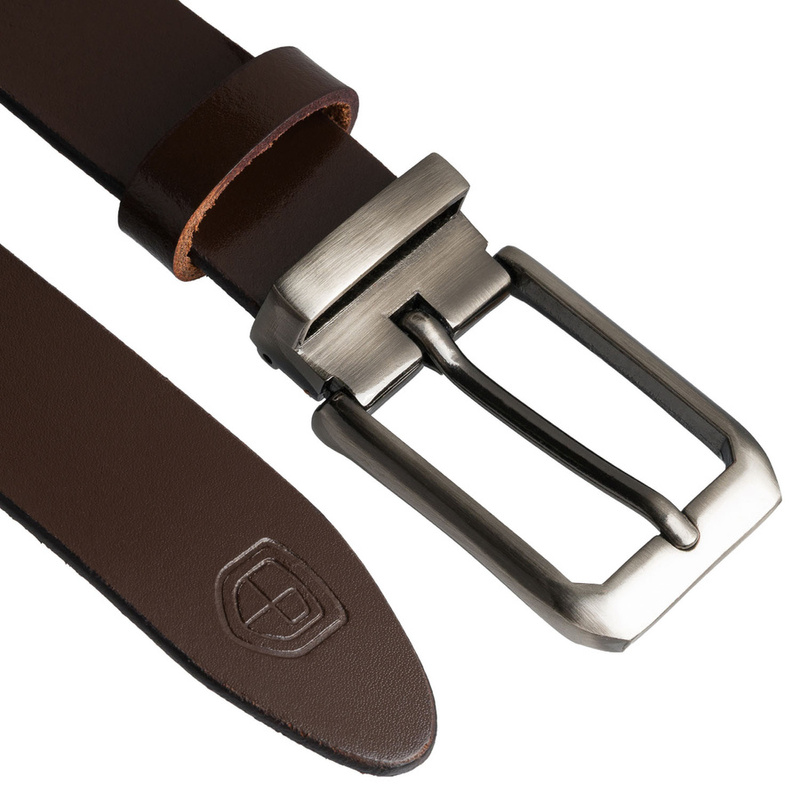 Skórzany, elegancki pasek męski w brązowym kolorze ze srebrną, klasyczną klamrą - Peterson