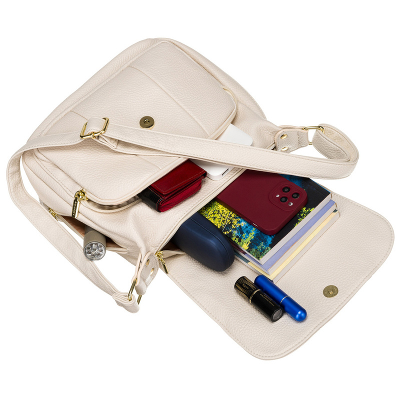 Pojemna, beżowa torebka damska na ramię z kieszeniami - Rovicky