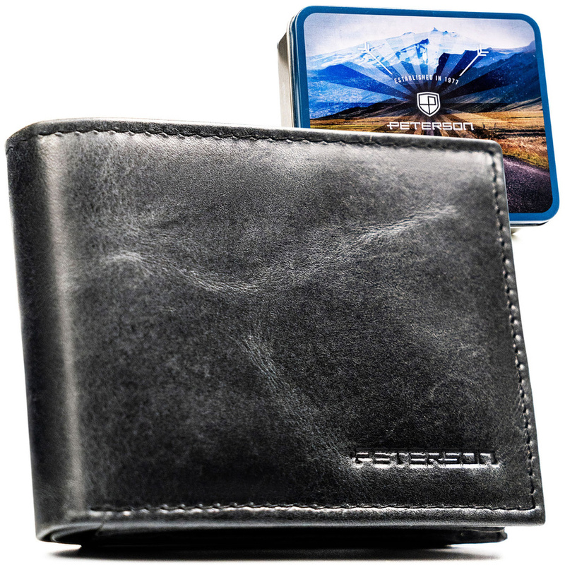 Czarny portfel męski ze skóry naturalnej bez zapięcia zewnętrznego - Peterson