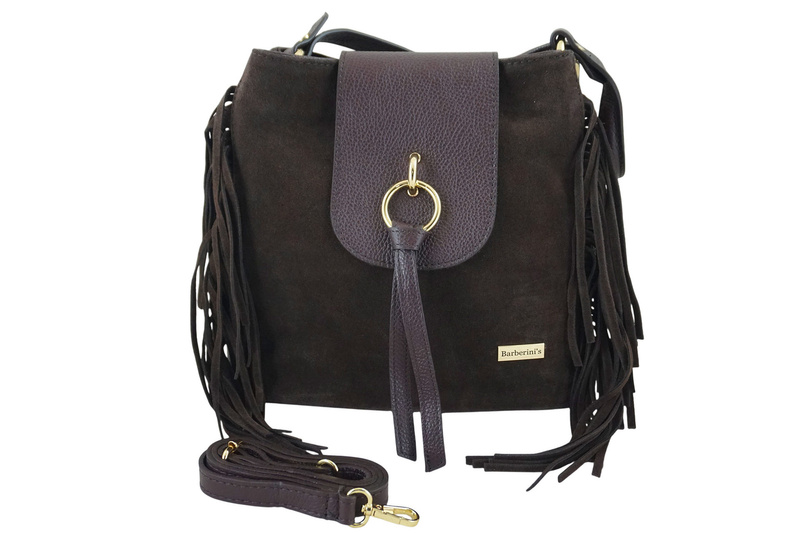 Skórzana torebka boho z frędzlami - Brązowa ciemna