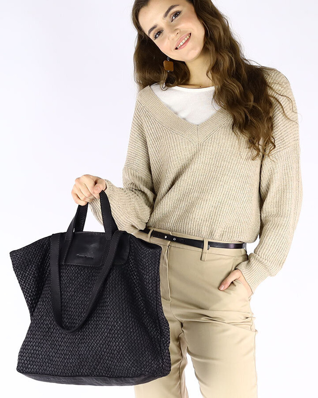 Torba damska pleciona shopper & shoulder leather bag - MARCO MAZZINI czarna