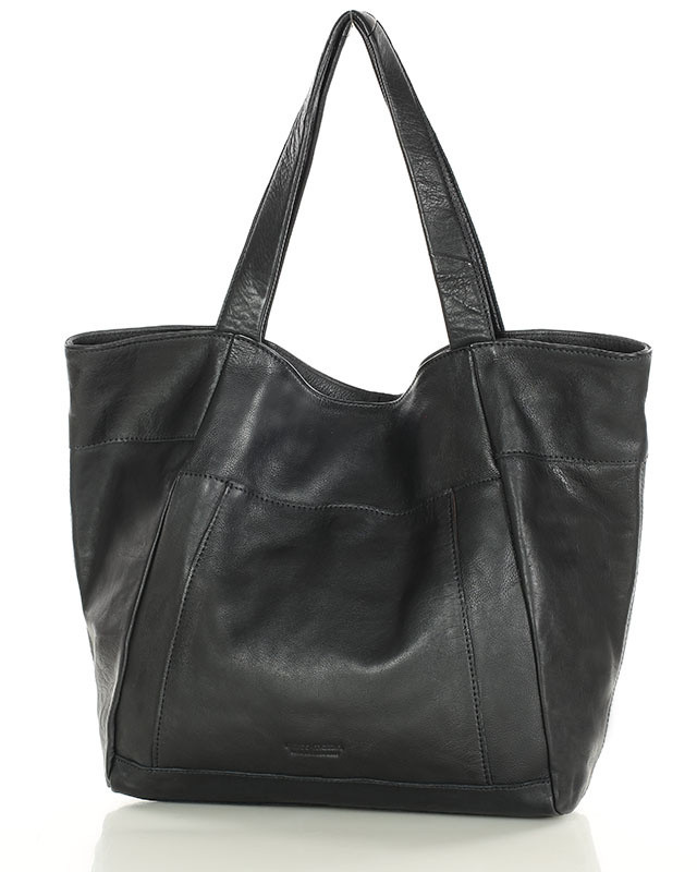 Duża skórzana torebka shopper z kieszenią - MARCO MAZZINI czarny