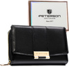Poziomy portfel damski wykonany ze skóry ekologicznej w czarnym kolorze, zamykany na zatrzask - Peterson