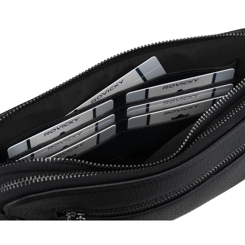 Klasyczna, czarna saszetka męska ze skóry ekologicznej zamykana suwakiem - Rovicky