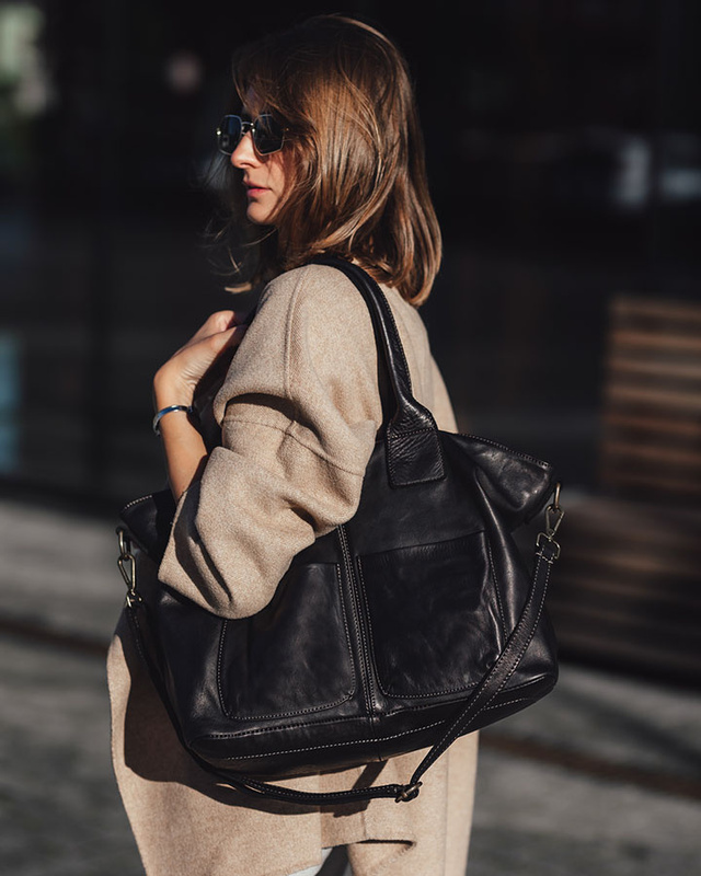 Torebka skórzana shopper bag - MARCO MAZZINI czarny