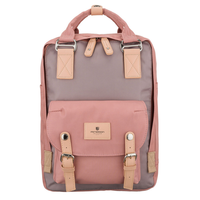 Różowo-szary plecak damski z poliestru i skóry ekologicznej, jednokomorowy - Peterson