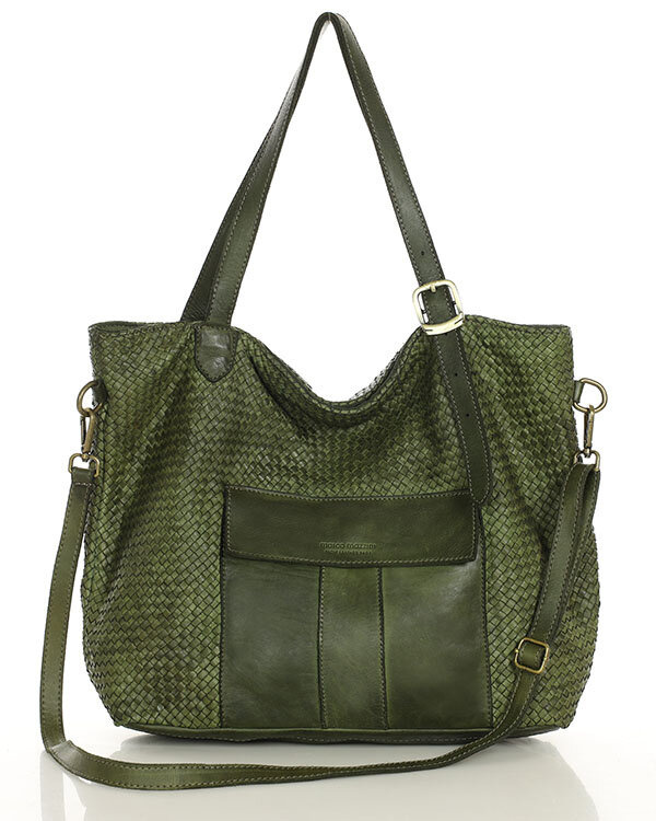 Duża torebka pleciona na ramię shopperka skórzana - MARCO MAZZINI zielona