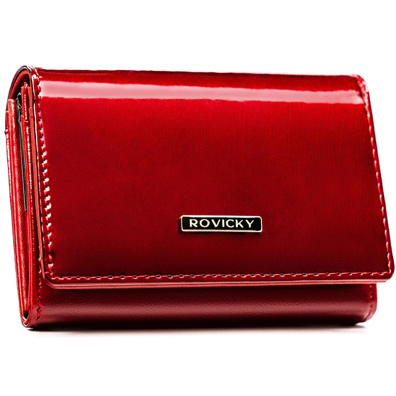 Duży, lakierowany portfel damski ze skóry naturalnej i ekologicznej w czerwonym kolorze, zamykany na zatrzask - Rovicky