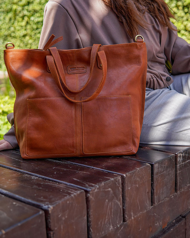 Torebka skórzana brązowa camelowa duża typu shopper - MARCO MAZZINI