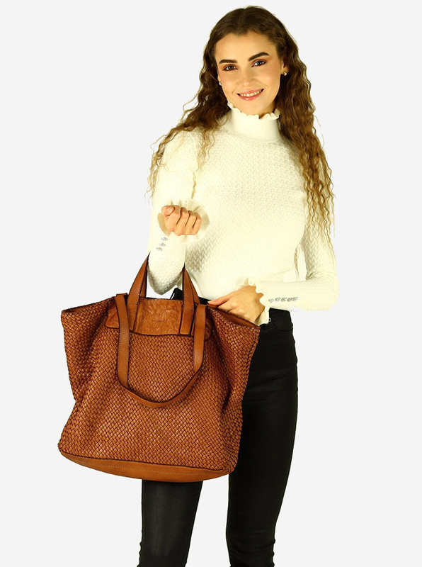 Torba damska pleciona shopper & shoulder leather bag - MARCO MAZZINI brąz karmel