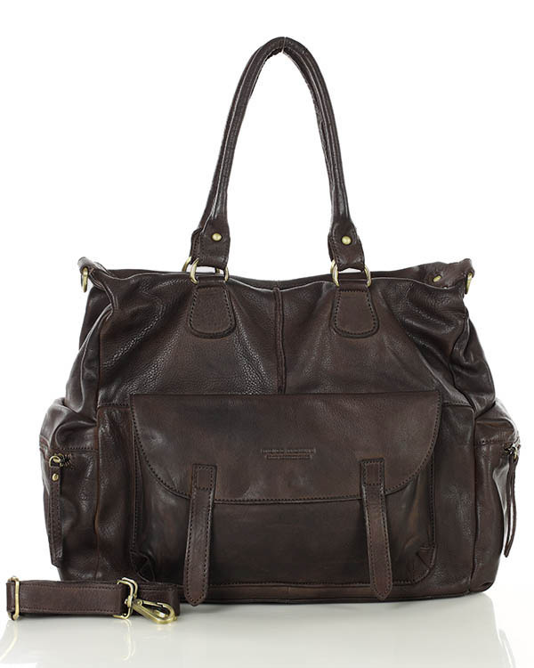 Pojemna torba damska na ramię z kieszeniami skóra naturalna - MARCO MAZZINI ciemny brąz caffe