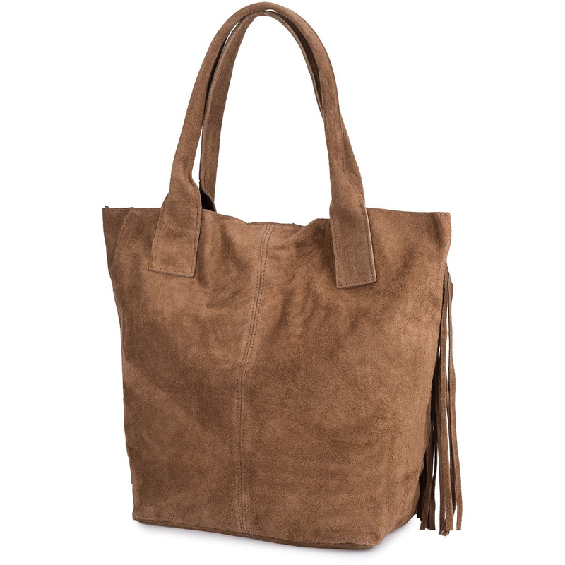 Torebka damska skórzana zamszowa A4 frędzel duża taupe L83