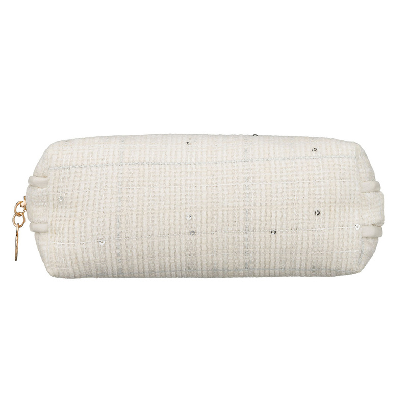 Beżowa kosmetyczka damska wykonana z materiału syntetycznego z ozdobnymi cekinami - Rovicky