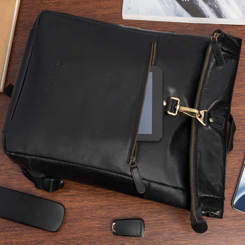 Plecak skórzany na laptopa 15,6 biznesowy duży A4 pojemny czarny premium Beltimore N19