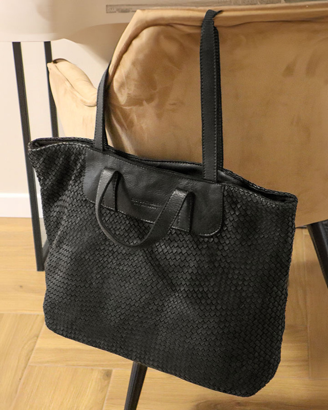 Torba damska pleciona shopper & shoulder leather bag - MARCO MAZZINI czarna