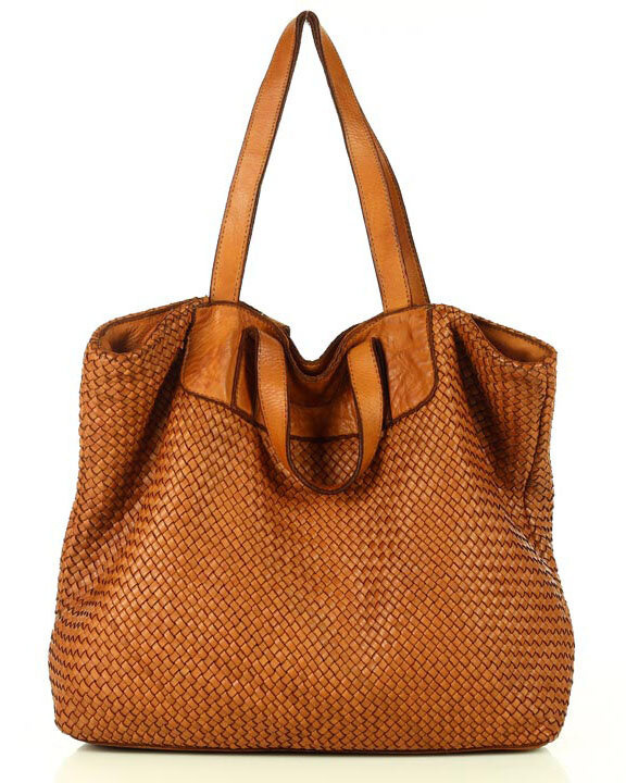 Torba damska pleciona shopper & shoulder leather bag - MARCO MAZZINI brąz karmel