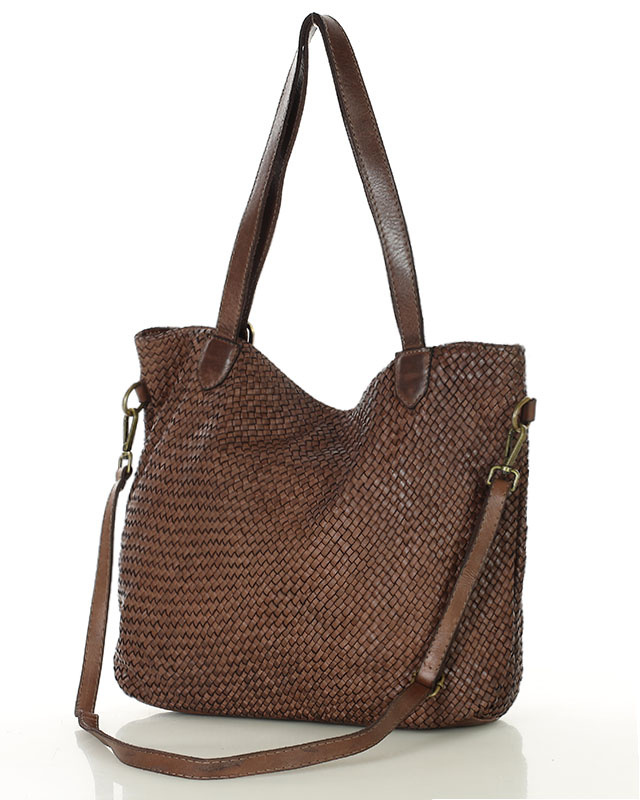 Duża torebka pleciona na ramię shopperka skórzana - MARCO MAZZINI brąz