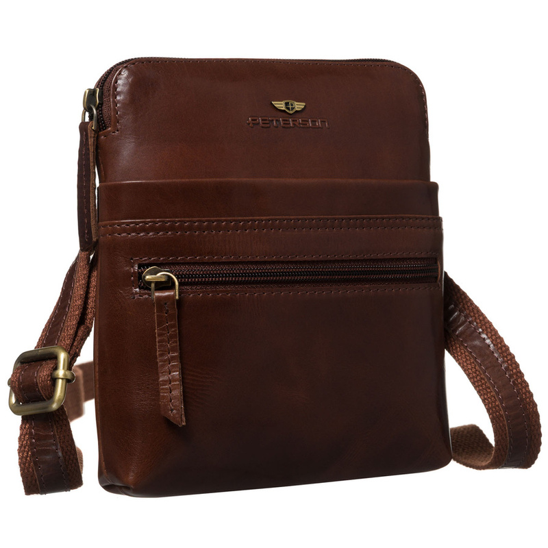 Mała, skórzana listonoszka męska w brązowym kolorze zamykana suwakiem - Peterson