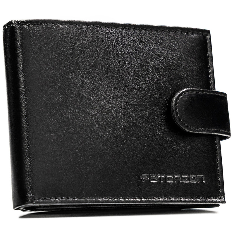 Portfel męski ze skóry naturalnej w czarnym kolorze zamykany na zatrzask, w zestawie z brelokiem - Peterson
