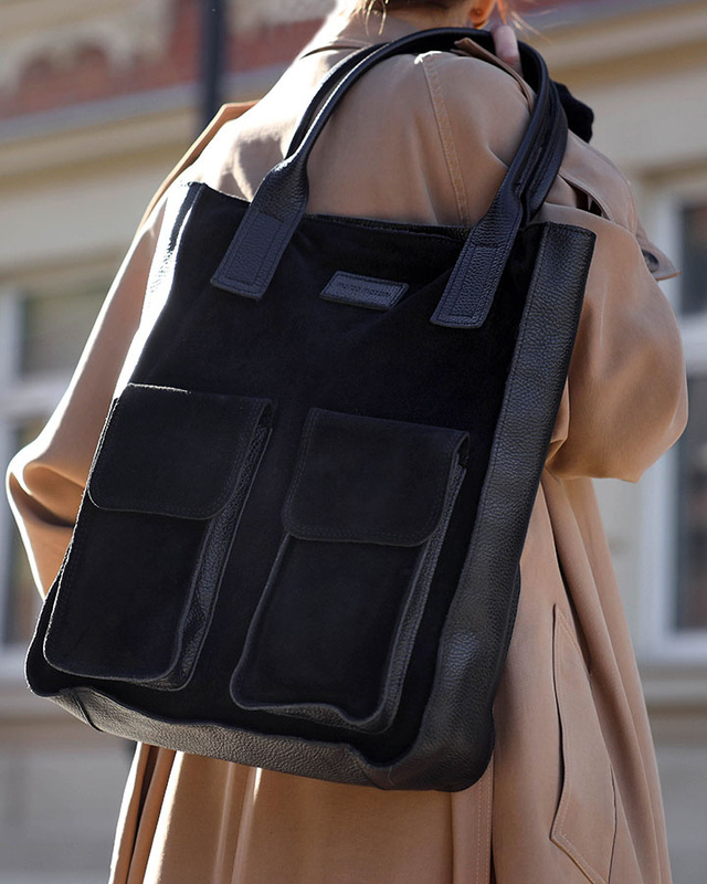 Torebka zamszowa shopper bag z kieszeniami skóra naturalna - MARCO MAZZINI czarny
