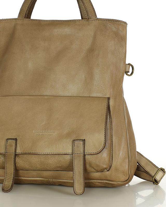 Skórzana torebka plecak z kieszenią z przodu - MARCO MAZZINI beż taupe