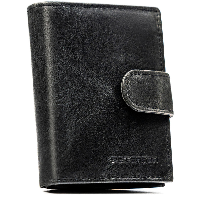 Czarny portfel męski ze skóry naturalnej wyposażony w system RFID, zamykany zatrzaskiem - Peterson