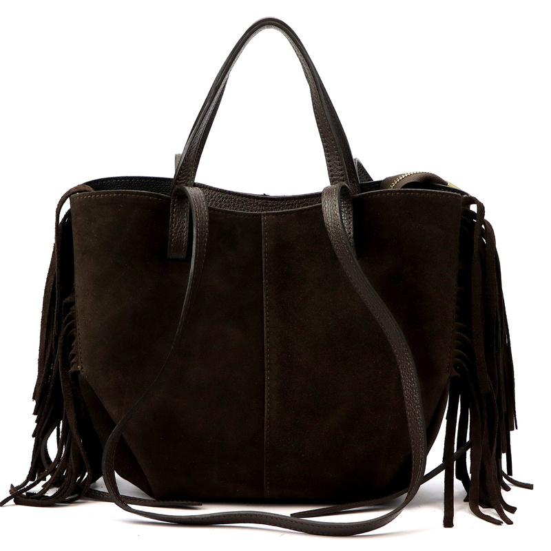 Vera Pelle damska shopperbag zamszowa torebka na ramię z frędzlami