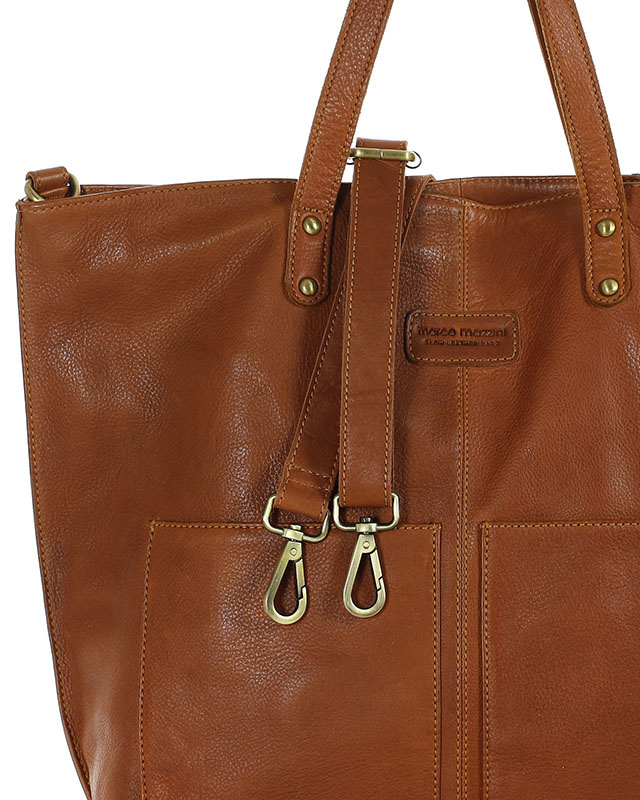 Torebka skórzana brązowa camelowa duża typu shopper - MARCO MAZZINI