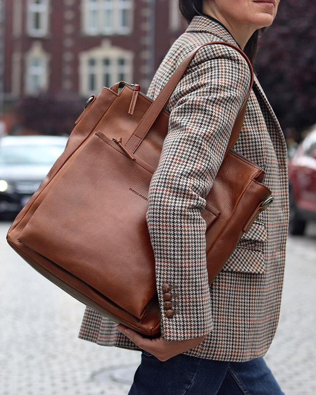 Luksusowa torebka shopperka aktówka skórzana MARCO MAZZINI camelowa