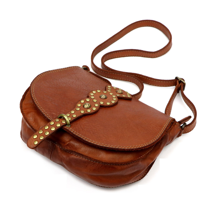 Elegancka damska listonoszka skórzana ze złotymi dżetami torebka na ramię