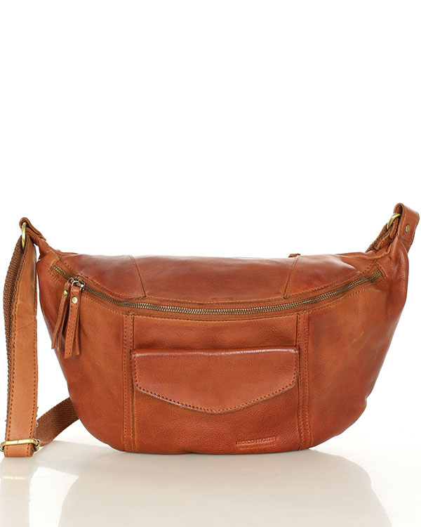 Duża nerka skórzana damska torebka przez ramię z kieszonkami MARCO MAZZINI brąz camel