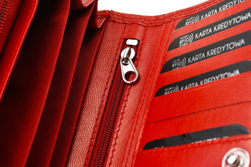 Damski skórzany portfel duży poziomy z biglem RFiD czerwony BELTIMORE 038